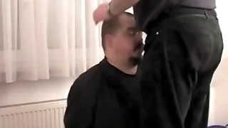 Blowjob and cum facial, altogether clothed and handcuffed